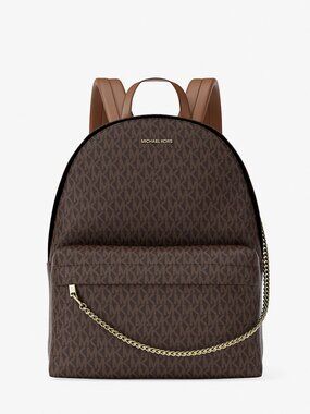 Michael Kors Medium Backpack MK Logo Brown Leather Chain Travel School Bag